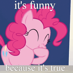 Size: 524x524 | Tagged: safe, edit, edited screencap, screencap, pinkie pie, earth pony, pony, 28 pranks later, g4, animated, cropped, cute, diapinkes, eyes closed, female, gif, giggling, image macro, laughing, mare, meme, nose wrinkle, reaction image, scrunchy face, solo, twilight's castle
