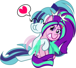 Size: 693x624 | Tagged: safe, artist:princessfireshiner, aria blaze, sonata dusk, pony, g4, cross-popping veins, equestria girls ponified, female, fin wings, frown, hug, mare, ponified, simple background, transparent background, tsundaria, tsundere, wings