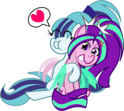 Size: 693x624 | Tagged: safe, artist:princessfireshiner, aria blaze, sonata dusk, pony, g4, cross-popping veins, duo, duo female, equestria girls ponified, female, fin wings, frown, hug, mare, ponified, simple background, siren pony, siren wings, transparent background, tsundaria, tsundere, wings