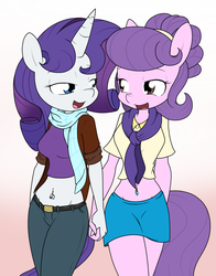Size: 855x1091 | Tagged: safe, artist:sandwich-anomaly, rarity, suri polomare, earth pony, unicorn, anthro, g4, bare midriff, belly button, belly piercing, bellyring, clothes, commission, female, lesbian, looking at each other, mare, midriff, piercing, shipping, simple background, skirt, smiling, surity