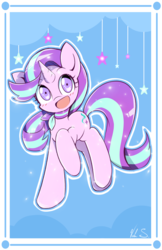 Size: 792x1224 | Tagged: safe, artist:banzatou, starlight glimmer, pony, unicorn, g4, clothes, cloud, commission, cute, female, glimmerbetes, mare, open mouth, raised hoof, scarf, smiling, solo, stars