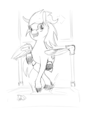 Size: 1448x2048 | Tagged: safe, artist:archonix, oc, oc only, oc:meteorite, pegasus, pony, dance dance revolution, dancing, hoers, looking at you, monochrome, rhythm game, sketch, solo