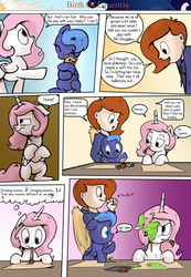 Size: 1280x1853 | Tagged: safe, artist:shieltar, princess celestia, princess luna, oc, oc:grace harmony, alicorn, human, pony, comic:birth of equestria, g4, cewestia, comic, cute, dialogue, female, filly, frown, jealous, magic, pink-mane celestia, sibling rivalry, speech bubble, winged human, wings, woona, younger