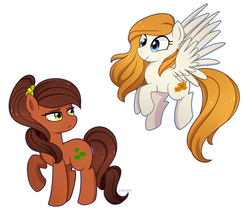 Size: 2413x2132 | Tagged: safe, artist:emera33, oc, oc only, oc:bittersweet, oc:ivy, earth pony, pegasus, pony, duo, duo female, female, flying, high res, mare, raised hoof, simple background, smiling, spread wings, white background