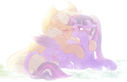 Size: 2000x1292 | Tagged: safe, artist:curiouskeys, applejack, twilight sparkle, alicorn, classical unicorn, earth pony, pony, unicorn, g4, cuddling, female, floppy ears, horn, hug, leonine tail, lesbian, prone, ship:twijack, shipping, twilight sparkle (alicorn), underhoof