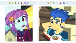 Size: 714x406 | Tagged: safe, screencap, flash sentry, sunny flare, derpibooru, equestria girls, g4, my little pony equestria girls: friendship games, my little pony equestria girls: legend of everfree, confused, juxtaposition, meme, meta