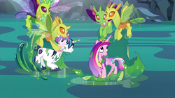 Size: 1280x720 | Tagged: safe, screencap, clypeus, frenulum (g4), lokiax, princess cadance, princess flurry heart, shining armor, alicorn, changedling, changeling, pony, unicorn, g4, to where and back again, background changeling, changeling slime, cocoon, female, filly, flying, foal, male, mare, slime, stallion