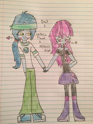 Size: 774x1032 | Tagged: safe, artist:huskyrbtorchick, captain planet, mystery mint, equestria girls, g4, blushing, drawing, female, holding hands, lined paper, looking at each other, male, planetmint, shipping, straight, traditional art