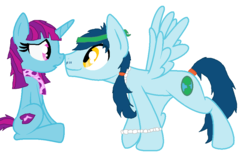 Size: 966x632 | Tagged: safe, artist:huskyrbtorchick, captain planet, mystery mint, pegasus, pony, unicorn, g4, clothes, female, horn, male, muzzle to muzzle, planetmint, ponified, scarf, shipping, simple background, straight, white background, wings
