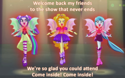 Size: 1147x720 | Tagged: safe, edit, edited screencap, screencap, adagio dazzle, aria blaze, sonata dusk, equestria girls, g4, my little pony equestria girls: rainbow rocks, bare shoulders, boots, bracelet, clothes, elp, emerson lake and palmer, fingerless gloves, floating, gem, gloves, glowing, high heel boots, high heels, jewelry, karn evil 9, looking at you, lyrics, music, pendant, ponytail, siren gem, sleeveless, sparkles, spikes, the dazzlings, welcome to the show, wings