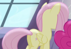 Size: 440x303 | Tagged: safe, screencap, fluttershy, pinkie pie, pony, g4, princess twilight sparkle (episode), butt, cropped, female, mare, plot, solo focus, wings