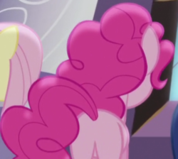 Size: 379x339 | Tagged: safe, screencap, fluttershy, pinkie pie, earth pony, pony, g4, princess twilight sparkle (episode), back of head, balloonbutt, butt, cropped, female, mare, missing cutie mark, plot, solo focus