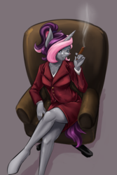 Size: 720x1080 | Tagged: safe, artist:d-lowell, oc, oc only, oc:victoria vanity, bat pony, bat pony unicorn, hybrid, unicorn, anthro, unguligrade anthro, anthro oc, business suit, chair, cigar, classy, clothes, commission, crossed legs, fangs, female, legs, looking at you, mare, sitting, skirt, skirt suit, smiling, solo, suit
