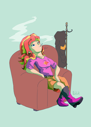 Size: 1772x2480 | Tagged: safe, artist:0ndshok, sunset shimmer, equestria girls, g4, boots, breasts, chair, clothes, female, high heel boots, human coloration, jacket, leather jacket, relaxing, shorts, sitting, smoking, solo