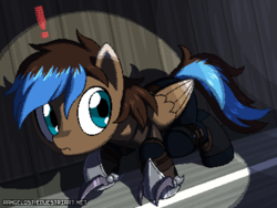 Size: 800x600 | Tagged: safe, artist:rangelost, oc, oc only, oc:playthrough, pegasus, pony, against wall, caught, claws, crouching, exclamation point, leather armor, male, metal gear, pixel art, sneaking, solo, spotlight, stallion
