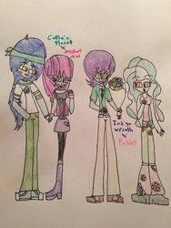 Size: 774x1032 | Tagged: safe, artist:huskyrbtorchick, captain planet, indigo wreath, mystery mint, paisley, equestria girls, g4, blushing, drawing, female, flower, holding hands, male, paisleywreath, planetmint, shipping, straight, traditional art
