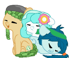 Size: 306x250 | Tagged: safe, artist:huskyrbtorchick, captain planet, paisley, sandalwood, earth pony, pegasus, pony, g4, female, filly, ponified, pony pillow, sleeping