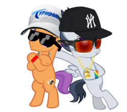 Size: 1535x1357 | Tagged: safe, artist:jawsandgumballfan24, rumble, tender taps, earth pony, pegasus, pony, g4, bipedal, bling, chains, colt, dollar sign, foal, hat, jewelry, male, necklace, new york yankees, rapper, simple background, sunglasses, transparent background, vector, wristband, yankees