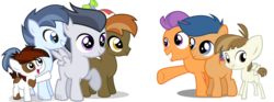Size: 2005x744 | Tagged: safe, artist:jawsandgumballfan24, button mash, featherweight, first base, pipsqueak, rumble, shady daze, tender taps, pony, g4, colt, male, simple background, transparent background