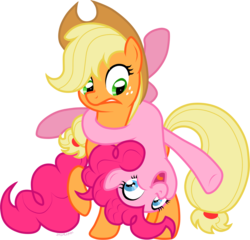 Size: 1250x1199 | Tagged: safe, artist:storfulsten, applejack, pinkie pie, earth pony, pony, g4, applejack is not amused, backbend, duo, duo female, female, flexible, freckles, frown, gritted teeth, happy, hat, looking at each other, looking down, looking up, mare, open mouth, personal space invasion, pinkie being pinkie, pinkie pie riding applejack, ponies riding ponies, raised hoof, raised leg, riding, silly, simple background, transparent background, unamused