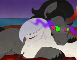 Size: 750x583 | Tagged: safe, artist:tambelon, king sombra, oc, oc:opalescent pearl, crystal pony, pony, g4, blushing, canon x oc, cuddling, curved horn, female, horn, male, shipping, slave, slavery, smiling, snuggling, sombra eyes, sombralescent, straight, watermark