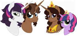 Size: 1024x483 | Tagged: safe, artist:tambelon, oc, oc only, oc:prince evening star, oc:prince ursa minor, oc:princess liberty bell, oc:princess ting-a-ling, alicorn, pony, unicorn, alicorn oc, offspring, parent:oc:king bray, parent:twilight sparkle, parents:canon x oc, watermark