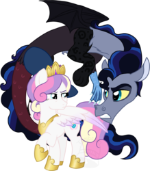 Size: 788x900 | Tagged: safe, artist:tambelon, princess skyla, oc, oc:maelstrom (tambelon), draconequus, hybrid, pegasus, pony, alternate design, draconequus oc, duo, female, hoof shoes, horseshoes, interspecies offspring, looking at each other, male, mare, offspring, parent:discord, parent:princess cadance, parent:princess luna, parent:shining armor, parents:lunacord, parents:shiningcadance, peytral, raised hoof, simple background, species swap, transparent background, watermark