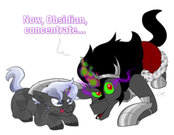 Size: 1280x997 | Tagged: safe, artist:wiggles, king sombra, oc, oc:obsidian, crystal pony, pony, unicorn, g4, daddy sombra, dark magic, father and son, magic, offspring, parent:king sombra, parent:oc:opalescent pearl, parents:canon x oc, simple background, sombra eyes, transparent background