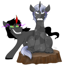 Size: 857x885 | Tagged: safe, artist:wiggles, king sombra, oc, oc:obsidian, crystal pony, pony, unicorn, g4, dark magic, duo, father and son, magic, male, movie reference, offspring, parent:king sombra, parent:oc:opalescent pearl, parent:oc:prince topaz, parents:canon x oc, simple background, sombra eyes, stallion, transparent background