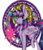 Size: 2555x3000 | Tagged: safe, artist:akili-amethyst, artist:eclispeluna, applejack, banner mares, crescendo, fluttershy, night light, pinkie pie, princess cadance, princess celestia, princess luna, rainbow dash, rarity, spike, twilight sparkle, twilight velvet, alicorn, dragon, pony, g4, big ears, clothes, dive to the heart, dress, female, hat, high res, mane six, raised leg, solo, stained glass, twilight sparkle (alicorn)