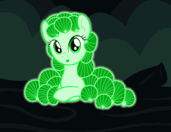Size: 1500x1159 | Tagged: oc name needed, safe, artist:badumsquish, derpibooru exclusive, oc, oc only, monster pony, mushroom pony, original species, animated, bioluminescent, blinking, crossed hooves, female, flashlight (object), forest, fungus, gif, glowing, happy, log, looking at you, mushroom, night, panellus stipticus, smiling, solo, story in the comments