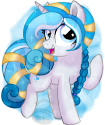 Size: 633x751 | Tagged: safe, artist:tambelon, oc, oc only, oc:bubble lee, crystal pony, pony, unicorn, clothes, commission, crystallized, female, mare, open clothes, simple background, smiling, solo, transparent background, watermark