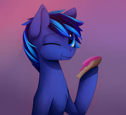 Size: 2656x2446 | Tagged: safe, artist:magnaluna, oc, oc only, oc:night shadow, pegasus, pony, bust, chest fluff, colored pupils, cute, donut, eating, food, gradient background, high res, looking at you, male, one eye closed, portrait, solo, stallion, wink