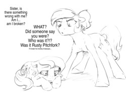 Size: 1280x989 | Tagged: safe, artist:silfoe, princess celestia, princess luna, pony, royal sketchbook, g4, alternate hairstyle, angry, big sister instinct, cewestia, crying, dialogue, female, filly, floppy ears, freckles, grayscale, monochrome, overprotective, ponytail, prone, royal sisters, sad, sisters, sketch, woona, younger