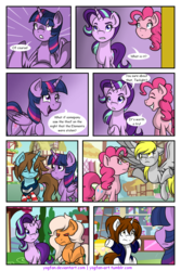 Size: 1024x1536 | Tagged: safe, artist:yogfan, derpy hooves, pinkie pie, starlight glimmer, twilight sparkle, oc, oc:colored lines, oc:jasper, oc:shuji, alicorn, pony, comic:but i do now, g4, comic, shrug, twilight sparkle (alicorn)