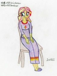 Size: 3611x4804 | Tagged: safe, artist:happyb0y95, sunset shimmer, equestria girls, g4, absurd resolution, chair, clothes, female, sitting, slippers, solo, traditional art