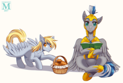 Size: 1332x900 | Tagged: safe, artist:margony, derpy hooves, oc, oc:cloud zapper, pegasus, pony, g4, armor, basket, book, commission, duo, food, male, muffin, reading, royal guard, smiling, sneaking, stallion