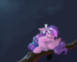 Size: 800x654 | Tagged: safe, artist:hairyfood, oc, oc only, oc:moonlight blossom, eyes closed, preening, solo, tree branch