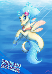 Size: 877x1241 | Tagged: safe, artist:c-puff, princess skystar, seapony (g4), g4, my little pony: the movie, blue mane, blue tail, crepuscular rays, cute, digital art, dorsal fin, female, fin, fin wings, fins, fish tail, flower, flower in hair, flowing mane, flowing tail, freckles, jewelry, looking at you, necklace, ocean, open mouth, open smile, pearl necklace, smiling, solo, sunlight, swimming, tail, underwater, water, wings