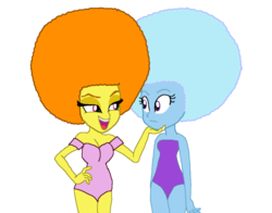 Size: 1010x792 | Tagged: safe, artist:ktd1993, adagio dazzle, trixie, equestria girls, g4, afro, clothes, female, lesbian, lidded eyes, looking at each other, open mouth, ship:triagio, shipping, simple background, smiling, swimsuit, transparent background