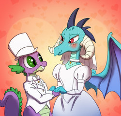 Size: 1024x976 | Tagged: safe, artist:fluffygriffonbutt, princess ember, spike, dragon, g4, blushing, bride, clothes, dress, duo, female, heart, heart eyes, holding hands, looking at each other, male, marriage, ship:emberspike, shipping, smiling, spread wings, straight, wavy mouth, wedding, wedding dress, wedding veil, wingding eyes