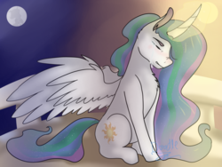 Size: 1024x768 | Tagged: safe, artist:vivianity, princess celestia, alicorn, pony, g4, crying, curved horn, eyes closed, female, horn, moon, sitting, solo, spread wings, sun