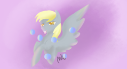 Size: 1440x785 | Tagged: safe, artist:vivianity, derpy hooves, pegasus, pony, g4, bubble, female, gradient background, solo, spread wings, tongue out