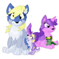 Size: 1024x1024 | Tagged: safe, artist:usagi-zakura, amethyst star, derpy hooves, dinky hooves, sparkler, pegasus, pony, wolf, g4, doctor who, female, jenny the doctor's daughter, my little wolf, simple background, species swap, transparent background, wolfified