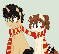 Size: 870x806 | Tagged: safe, artist:jaythecatlover, artist:tech-kitten, pony, unicorn, base used, blushing, clothes, duo, female, harry potter, harry potter (series), hermione granger, male, mare, ponified, scarf, scrunchy face, shared clothing, shared scarf, simple background, sitting, stallion, starry eyes, wingding eyes
