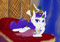 Size: 4092x2893 | Tagged: safe, artist:helloiamyourfriend, rarity, pony, unicorn, g4, brooch, colored sketch, crown, ear piercing, earring, eyebrows, female, high res, horn, horn ring, jewelry, necklace, ottoman, ottoman turk, piercing, rarity wears human jewelry, regalia, smiling, solo