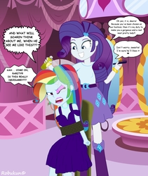 Size: 3200x3800 | Tagged: safe, artist:robukun, rainbow dash, rarity, equestria girls, g4, and then there's rarity, belt, blouse, boots, bracelet, carousel boutique, clothes, dress, engrish, female, forced makeover, hair, hair spray, hairpin, high heel boots, high res, implied shipping, implied soarindash, implied straight, jewelry, lipstick, makeover, makeup, necklace, rainbond dash, skirt, teenager, tied up, tomboy taming