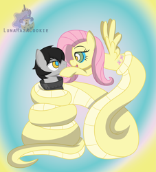 Size: 3077x3395 | Tagged: safe, artist:lunahazacookie, fluttershy, oc, oc:panzer hoof, earth pony, lamia, original species, snake, g4, canon x oc, coils, dominant, earth pony oc, female, femdom, flutterdom, fluttersnake, high res, hypnoshy, hypnosis, imminent kissing, kaa eyes, lamiafied, lamiashy, looking at each other, looking at someone, male, mare, mind control, species swap, stallion, stallion oc, tail, tail wrap, wrapped up