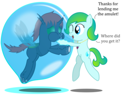 Size: 2694x2117 | Tagged: safe, artist:bladedragoon7575, oc, oc only, oc:crypto, oc:delphina depths, changeling, bubble, changeling oc, green changeling, high res, holding breath, hug, in bubble, simple background, transparent background, underwater, worried