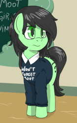 Size: 588x939 | Tagged: safe, artist:lockhe4rt, oc, oc only, oc:filly anon, earth pony, pony, 4chan, clothes, cutie mark, female, filly, moot, polo shirt, question mark, solo